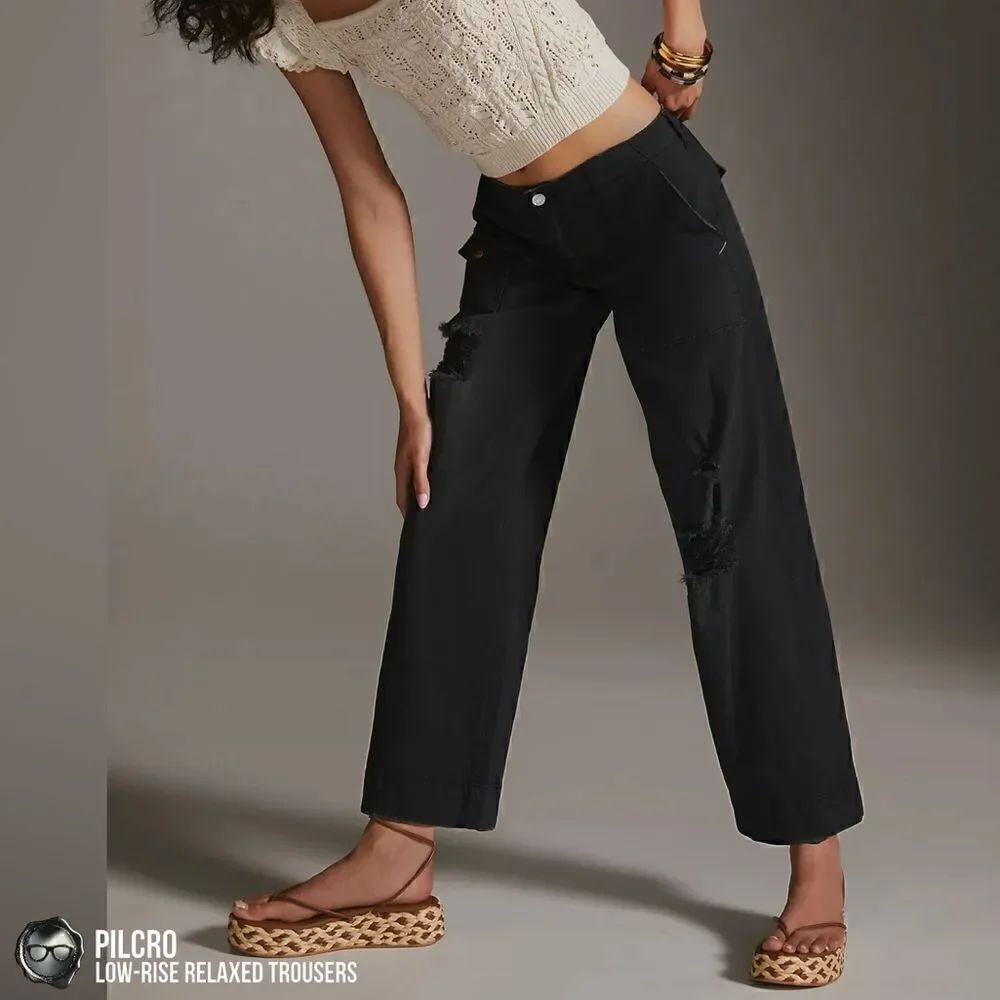 ANTHROPOLOGIE PILCRO WIDE LEG LOW-RISE RELAXED ANKLE LENGTH TROUSERS BLACK NEW